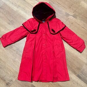 Vintage Rothschild Girls Button Up Red Pea‎ Coat Velvet Hood Bows Pleats Size 6